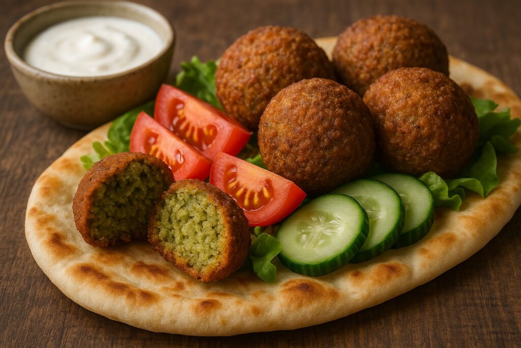 Falafel sobre pan de pita Falafel servido con tomate, lechuga y pepino sobre pan de pita ligeramente tostado.